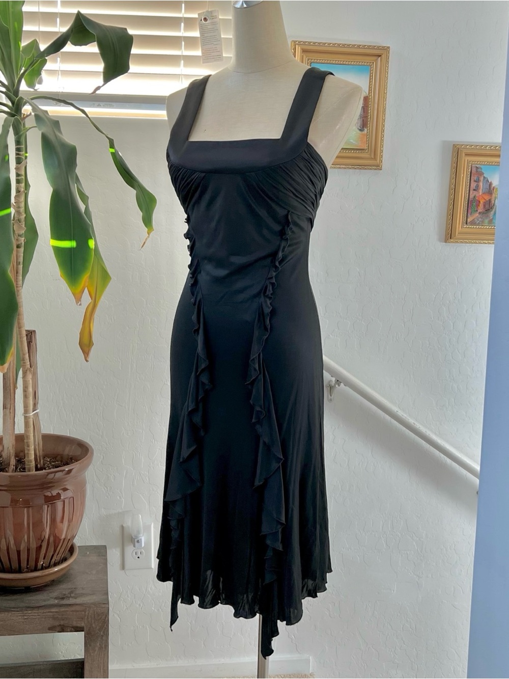 Versace Y2K Cocktail Dress LBD Silk Viscose Ruched Ruffle Wide Straps IT38 XS 2